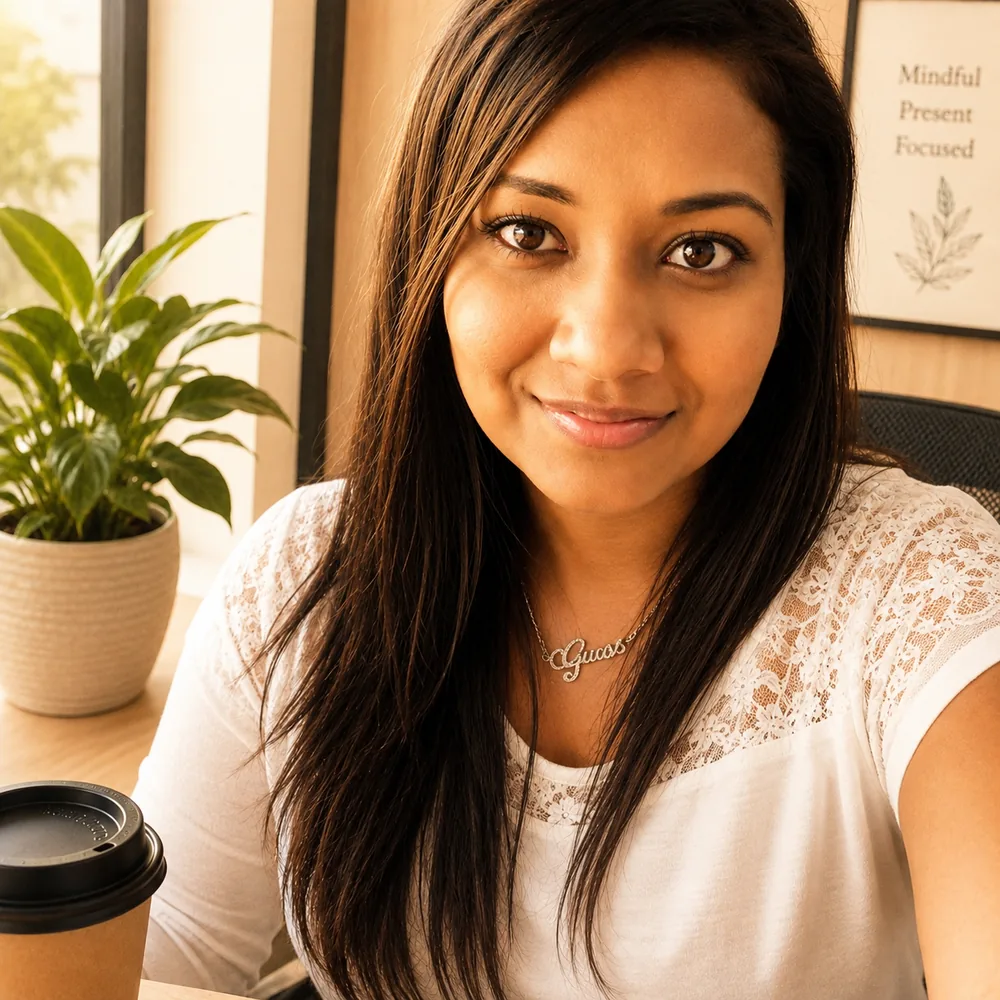 Lisa Naicker seated in a warm office setting with a plant and coffee cup